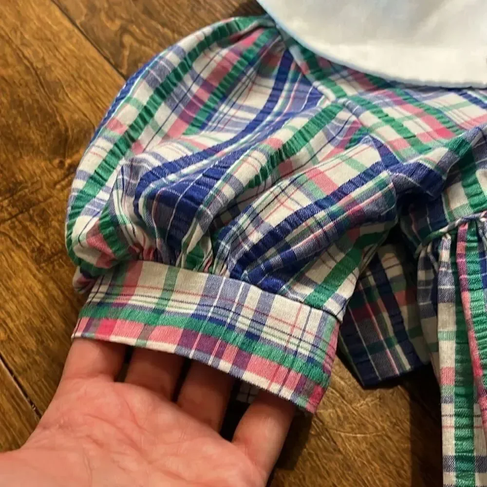 Monday’s Child Blue/Green/Pink Plaid Collared Belted Dress, size 5